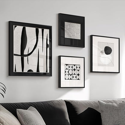 4 Piece Framed Modern Black and White Wall Art Set, Large Minimalist Abstract Canvas Picture Artwork Decor, Contemporary Line Gray Prints Painting for Living Room Hallway Bedroom Office