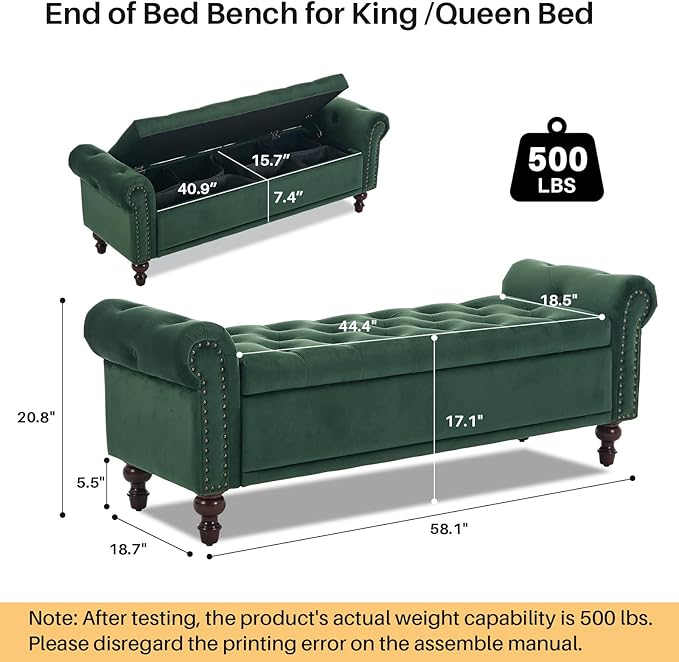 58.1" Storage Bench Upholstered Velvet End of Bedroom Bed Bench Ottoman with Tufted Cushioned Rolled Arm Large Storage Space for Reading Living Room Entryway,Dark Green
