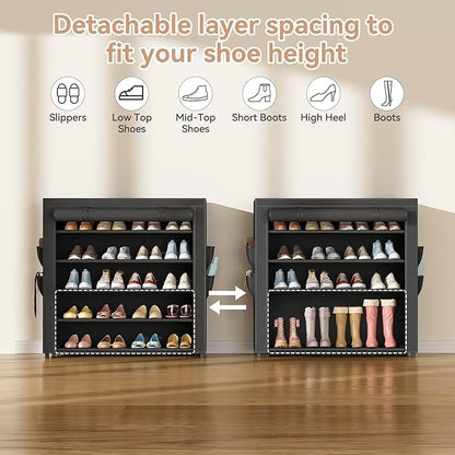 LANTEFUL Shoe Rack with Covers 5 Tier Tall Shoe Rack Organizer Large Capacity Shoe Shelf Storage 20-24 Pairs Space Saving Free Standing Shoe Storage Organizer for Closet, Entryway, Dorm, Black