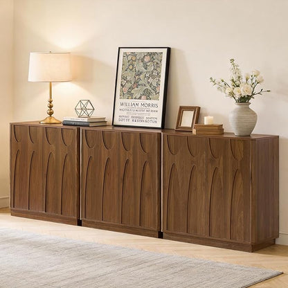 Sideboard Buffet Cabinet with Storage Set of 3, 94.5'' Mid Century Modern Storage Cabinet with Adjustable Shelf 6 Doors Credenza for Dining Room, Living Room, Entry (Walnut)