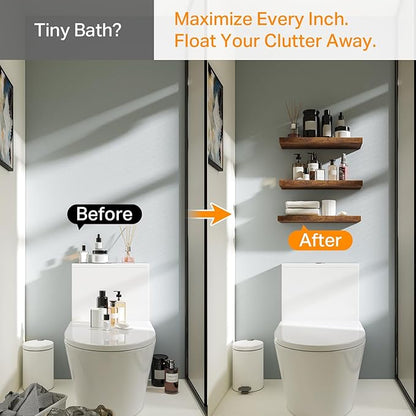 BAYKA Floating Shelves Bathroom for Wall – Shelf Over Toilet Farmhouse Rustic Wood for Bedroom, Kitchen, or Living Room Decor Organization Display Shelving – Rustic Brown, Set of 3