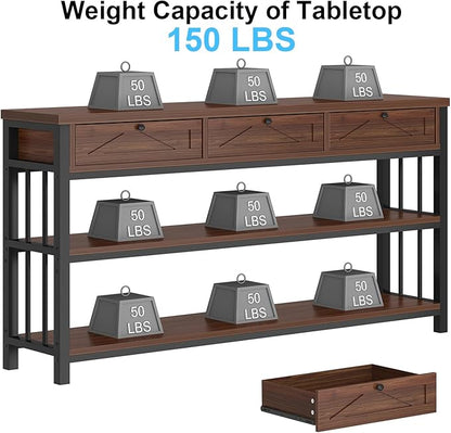 HSH 55” Sofa Table with Drawers, Entryway Table with Storage Shelf, 3 Tier Console Table with Storage Behind Couch for Living Room, Rustic Wood Metal Entry Hallway Table for Entrance, Walnut, 55 in