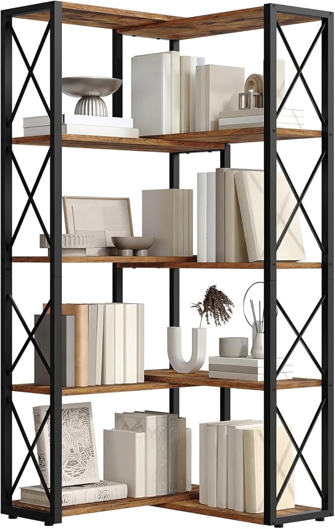 HOOBRO Corner Bookshelf, 5-Tier Industrial Corner Bookcase, Open Display Storage Rack, Vertical or L-Shaped, for Office, Living Room, Bedroom, Rustic Brown and Black BF66SJ01