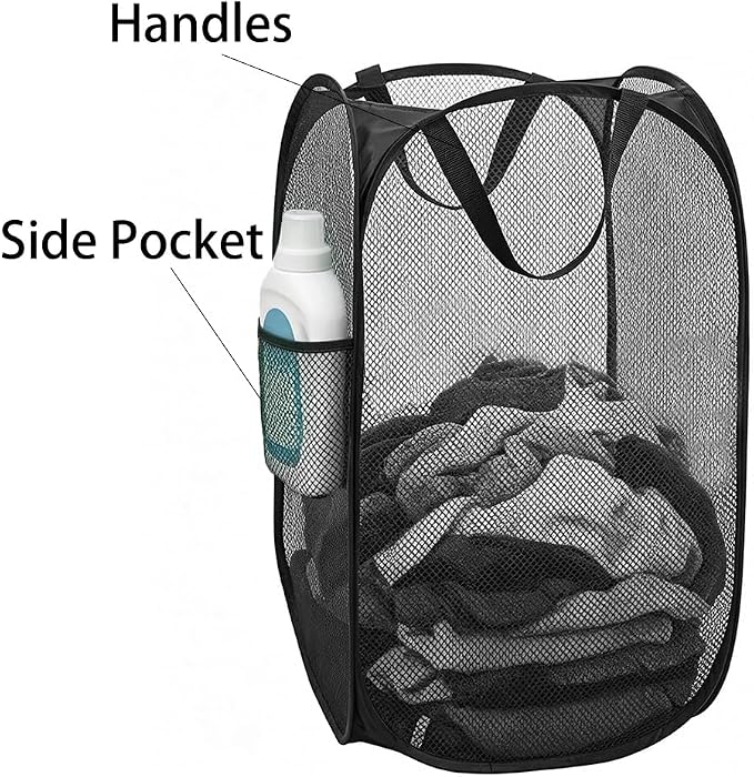 Larpur Popup Mesh Laundry Basket, Collapsible and Portable Clothes Washing Laundry Hamper with Reinforced Carry Handle (Black 2pcs)