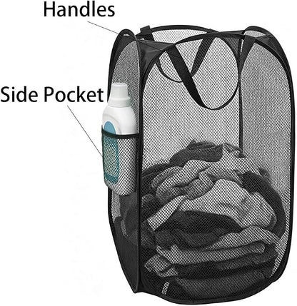Larpur Popup Mesh Laundry Basket, Collapsible and Portable Clothes Washing Laundry Hamper with Reinforced Carry Handle (Black 2pcs)