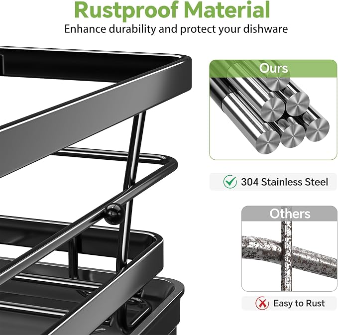 Ekisemio Dish Drying Rack with Cutlery Holder & Drip Tray, Black 12"x15.7" | Ekisemio Dish Drying Rack | Cutlery Holder & Drip Tray | Space Saving | Fast Drainage | Tool-Free | Anti-Slip Feet
