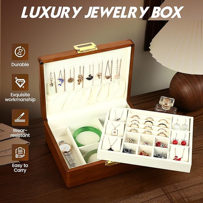 Solid Walnut Wood Jewelry Box with Lock,2 Layer Velvet Wood Jewelry Organizer Storage Lined for Earrings Rings Necklaces Bracelets Cufflink Gift Idea for Men Women, Beige
