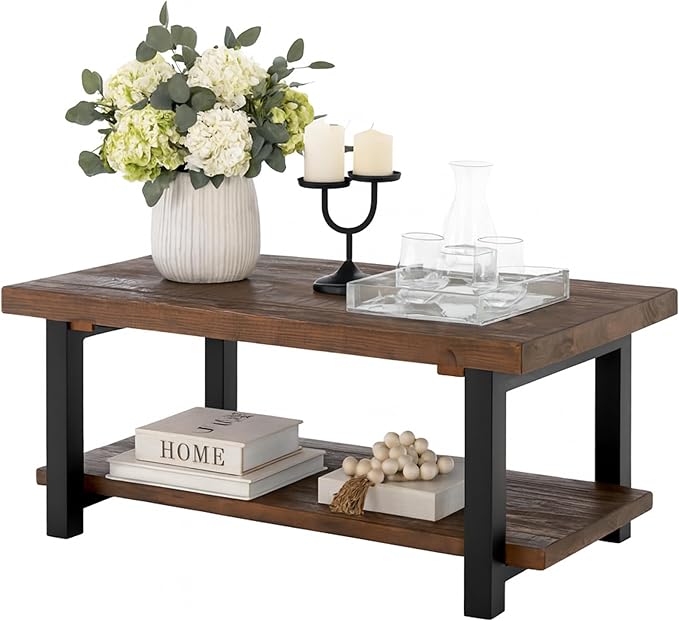 Pomona 42-Inch Rectangular Solid Wood Coffee Table with Storage Shelf & Metal Legs – Rustic Industrial Farmhouse Living Room Table by Alaterre Furniture (Rustic Natural)