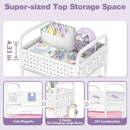 5 Drawer Rolling Storage Cart with Pegboard Top and Hooks, Mobile Organizer Cart with Wheels for Office Supplies, Craft Storage, Classroom Organization, Home Utility Cart, Dreamy Color