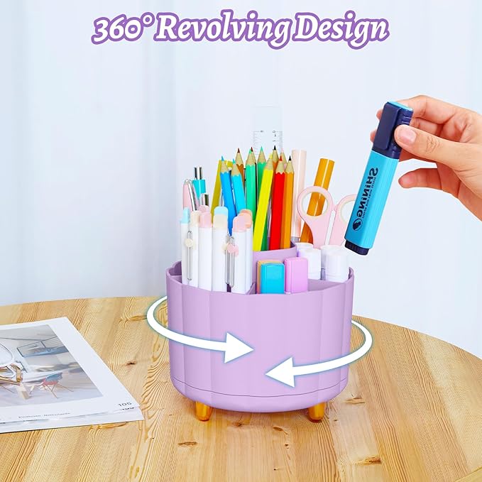 Purple Desk Decor Organizer 360 Rotating, 6 Slots Pen Cup Holder for Office, Classroom & Home, Cute Office Supplies, Cubicle Decor, Rotating Art Supply Storage (4.9 Inches)