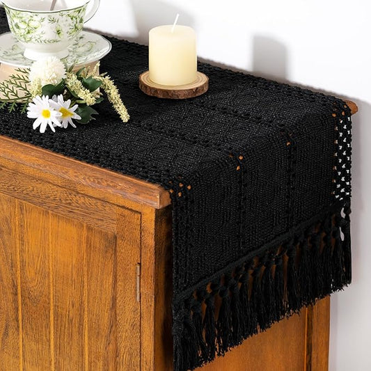 Socomi Boho Table Runner Macrame Long Valentine's Day Farmhouse Woven Cotton Linen Rustic Coffee Table Runner with Tassels for Dresser Scarf Home Decor Dining Room 12x108 inch Black