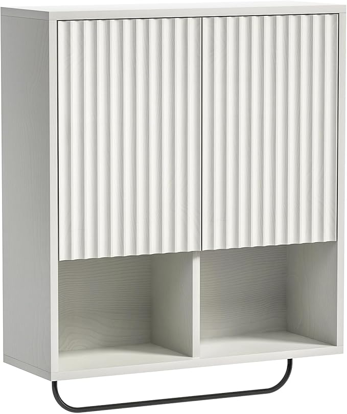 Fluted Wall Cabinet, Modern Medicine Cabinet Bathroom with Doors and Adjustable Shelf Towel Rack Wood Storage Cabinet for Kitchen Dining Room Living Room, White