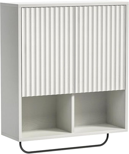 Fluted Wall Cabinet, Modern Medicine Cabinet Bathroom with Doors and Adjustable Shelf Towel Rack Wood Storage Cabinet for Kitchen Dining Room Living Room, White