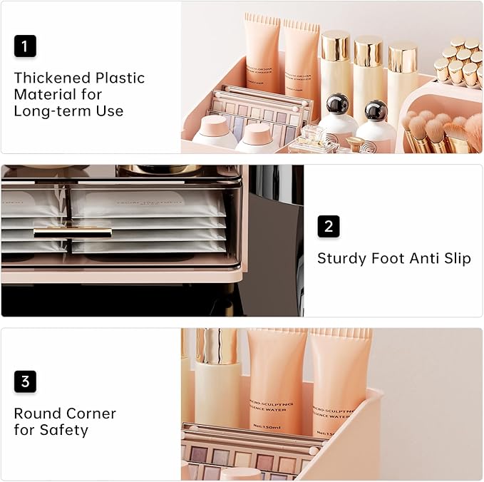 Makeup Organizer for Vanity with Brush Holder, Countertop Skincare Organizer with 2 Drawers, Spacious Cosmetic Display Case for Perfumes, Eyeshadow Palettes, Nail Polishes