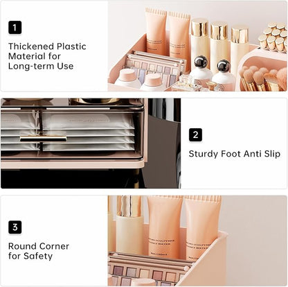 Makeup Organizer for Vanity with Brush Holder, Countertop Skincare Organizer with 2 Drawers, Spacious Cosmetic Display Case for Perfumes, Eyeshadow Palettes, Nail Polishes