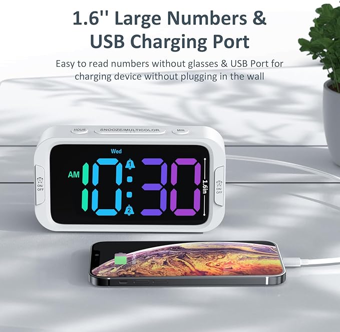 Dual Colorful Alarm Clock for Kids Bedroom - 0-100% Dimmer, 5 Alarm Sounds, USB Charger, Easy to Set, Weekday/Weekend Mode, Snooze, 12/24Hr, Battery Backup, Digital Clock for Teens Boys Bedside
