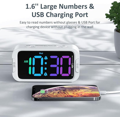 Dual Colorful Alarm Clock for Kids Bedroom - 0-100% Dimmer, 5 Alarm Sounds, USB Charger, Easy to Set, Weekday/Weekend Mode, Snooze, 12/24Hr, Battery Backup, Digital Clock for Teens Boys Bedside