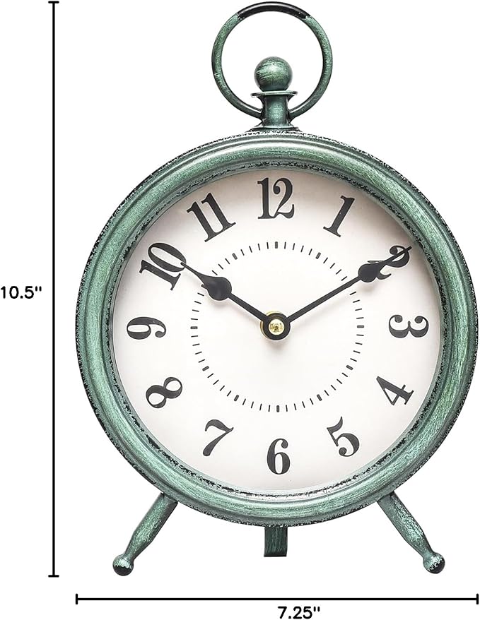 MACVAD EMAX Home Vintage Green Rustic Retro Table Clock, Silent Non-Ticking, Battery Operated, 10.5"H, 7.28"W, Green Dial, Tabletop, Indoor, Kitchen