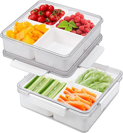 MANO 2pack Serving Trays for Party Divided Veggie Tray with Lid Sealed Sectioned Fruit Snack Serving box Vegetable Storage with 4 Compartments Snackle Box Charcuterie Container Fridge Organizer