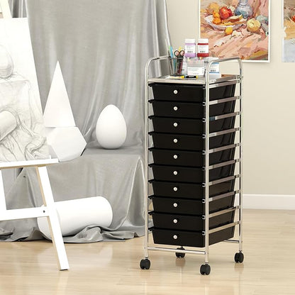 Giantex Rolling Storage Cart with 10 Drawers, Utility Cart with Tabletop, Drawer Organizer with Wheels for Craft Art Paper Tool, Mobile Organization & Sorting for Office Home School School Supplies