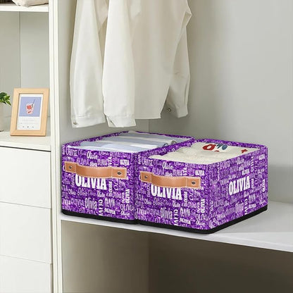 Personalized Small Storage Basket with Name, Pet Kids Toys Storage Bin with Handles for Shelf Home Closet Kitchen Countertop, Bright Purple Sequins Background