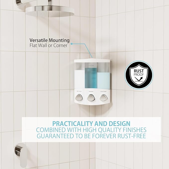 Better Living Products, White 76354 Euro Series TRIO 3-Chamber Soap and Shower Dispenser