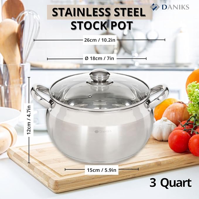 Daniks Classic 3 Quart Stainless Steel Stock Pot with Glass Lid, Tri-Ply Bottom for Even Heating, Induction Compatible, Dishwasher Safe