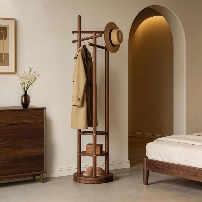 Coat Rack Freestanding, Solid Wood Coat Tree with 6 Hooks and 3 Storage Shelves for Bedroom, Entryway Living Room, Office, Corner Hanger Stand for Purse, Bag, Jacket, Hat
