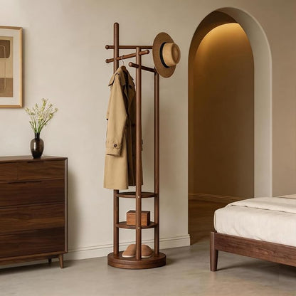 Coat Rack Freestanding, Solid Wood Coat Tree with 6 Hooks and 3 Storage Shelves for Bedroom, Entryway Living Room, Office, Corner Hanger Stand for Purse, Bag, Jacket, Hat