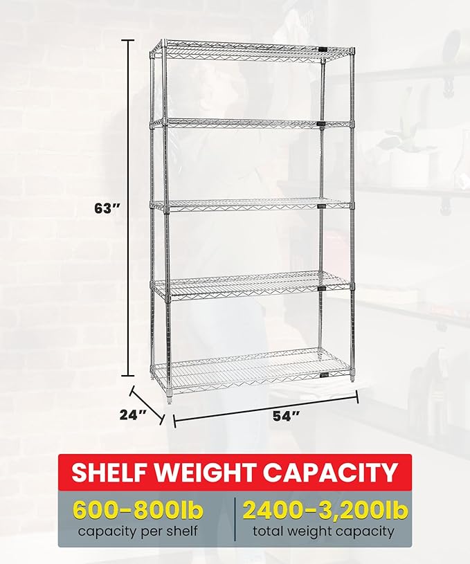 QUANTUM STORAGE SYSTEMS WR63-2454C-5 Starter Kit Wire Shelves Chrome 5 Shelves 63" H x 54" W x 24" D