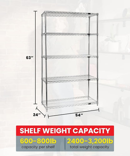 QUANTUM STORAGE SYSTEMS WR63-2454C-5 Starter Kit Wire Shelves Chrome 5 Shelves 63" H x 54" W x 24" D
