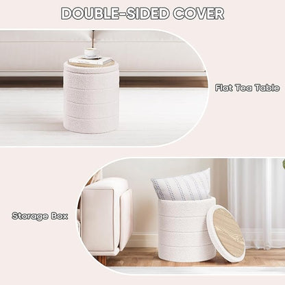 PINPLUS Round Storage Ottoman Foot Rest Stool with Tray Velvet Sherpa Folding Storage Ottoman,Boucle Foot Rest for Living Room, Bedroom, Dorm（White）