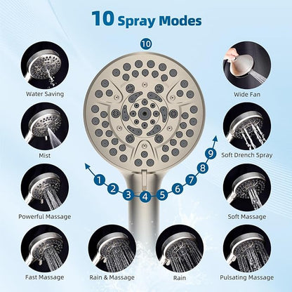 Hibbent All Metal cUPC Certified Shower Head, 10'' High Pressure Rain Shower Head, Handheld Showerhead Combo with 16'' Adjustable Extension Arm, 10 Sprays, 71'' Hose, Showerhead Holder, Brushed Nickel