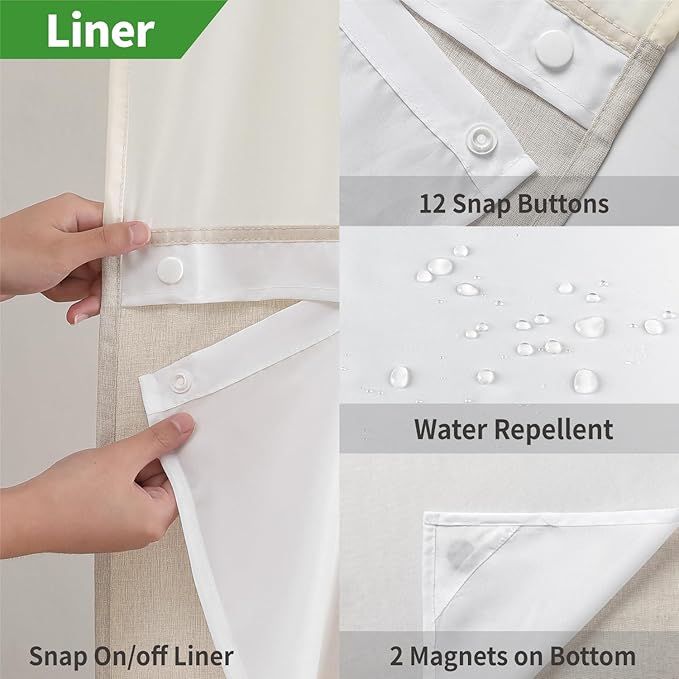 Stall No Hooks Needed Linen Textured Shower Curtain with Snap-in Fabric Liner Set,Hotel Luxury Decor Shower Curtains for Bathroom,Waterproof & Washable,60Wx74H,Cream