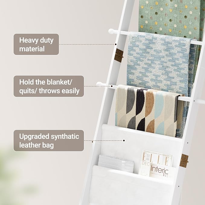 ELYKEN Blanket Ladder for Living Room, 5-Tier Wooden Towel Rack with Synthetic Leather Pocket, 4 Removable Hooks, Decorative Leaning Ladder Shelf for Bedroom, White