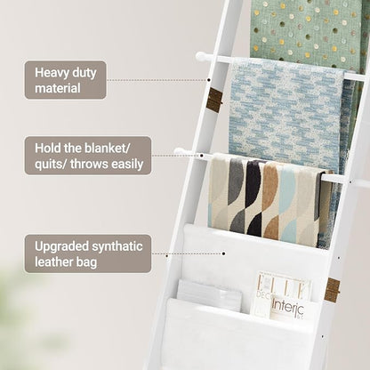 ELYKEN Blanket Ladder for Living Room, 5-Tier Wooden Towel Rack with Synthetic Leather Pocket, 4 Removable Hooks, Decorative Leaning Ladder Shelf for Bedroom, White