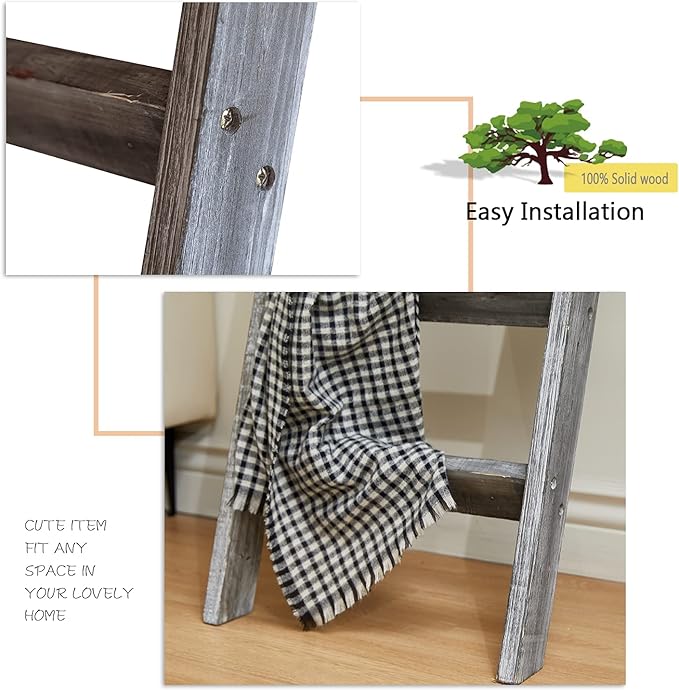 FUIN 5ft (58") Wood Blanket Ladder Living Room Decorative Wall Leaning Farmhouse Quilt Display Holder Rustic Wooden Towel Rack for Bathroom, Gray