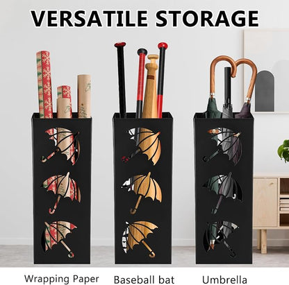 Metal Umbrella Holder Square Umbrella Stand Rack for Entryway Freestanding Rain Collection Umbrella Organizer Heavy Canes Walking Sticks Stand Rack for Indoor Home Office, 6.4" x 6.4" x 16.3", Black