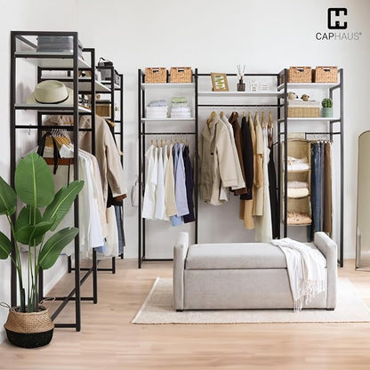 CAPHAUS 913lbs Capacity Heavy Duty Clothing Rack, 75" W Metal Garment Rack with Drawers Hanging Rods and Wood Shelves, Freestanding Closet Organizer, White Board