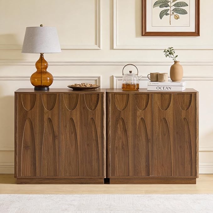 Sideboard Buffet Cabinet with Storage Set of 2, 63'' Mid Century Modern Storage Cabinet with Adjustable Shelf 4 Doors Credenza for Dining Room, Living Room, Entry (Walnut)