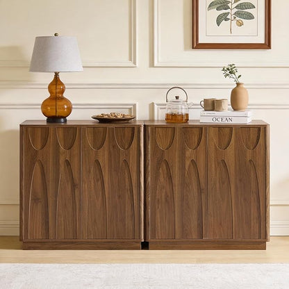 Sideboard Buffet Cabinet with Storage Set of 2, 63'' Mid Century Modern Storage Cabinet with Adjustable Shelf 4 Doors Credenza for Dining Room, Living Room, Entry (Walnut)