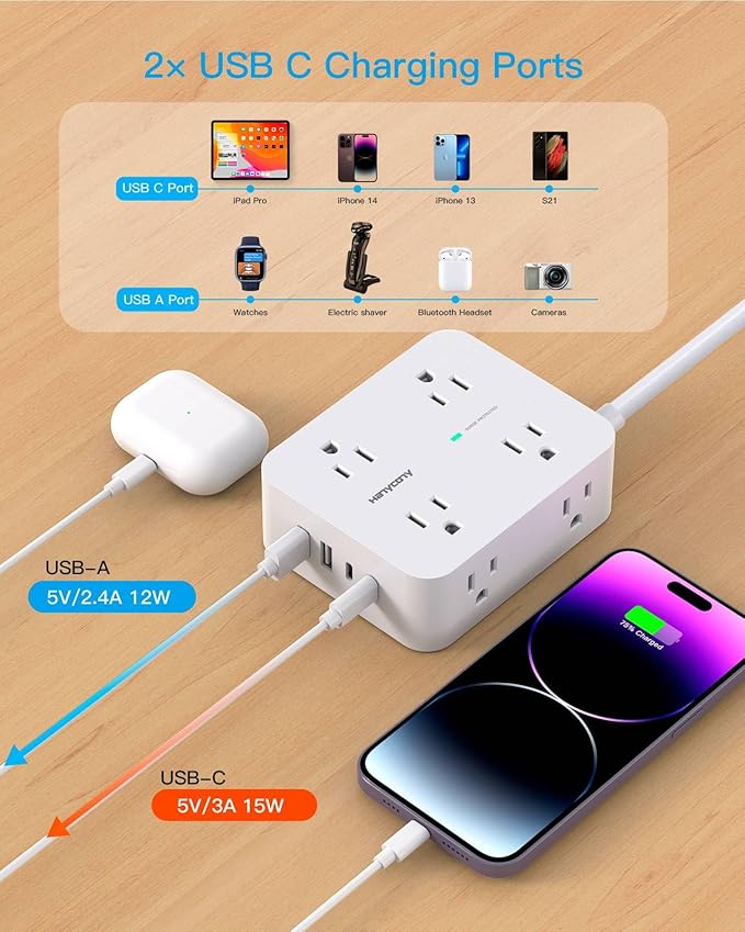 Extension Cord 10 Ft, HANYCONY Surge Protector Power Strip with 8 Widely Outlets 4 USB Ports (2 USB C), 3-Side Outlet Extender Strip, Wall Mount, Ideal for Home Office College Dorm Room Essentials