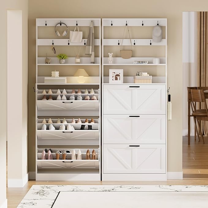 EOYUTLLY Shoe Cabinet Storage for Entryway, Narrow Shoe Rack Cabinet with 3 Flip Drawers & Coat Rack, Hidden Shoe Storage Cabinet, 2-in-1 Hall Tree Slim Freestanding Shoe Rack Organizer, White