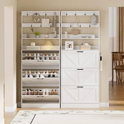 EOYUTLLY Shoe Cabinet Storage for Entryway, Narrow Shoe Rack Cabinet with 3 Flip Drawers & Coat Rack, Hidden Shoe Storage Cabinet, 2-in-1 Hall Tree Slim Freestanding Shoe Rack Organizer, White