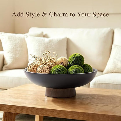 YMXYJM Modern Pedestal Fruit Bowl, Large Matte Resin Decorative Bowl with Faux Wood Base for Kitchen Counter, Living Room, Entryway Home Decor, Black