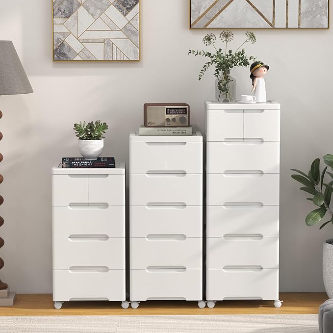 LOKO 6-Drawer Plastic Rolling Storage Cart, Mobile Storage Cabinet with 4 Universal Wheels, Vertical Storage Tower Container Unit for Living Room, Bedroom, Home Office, White (16”x13”x38” (6 Drawers))