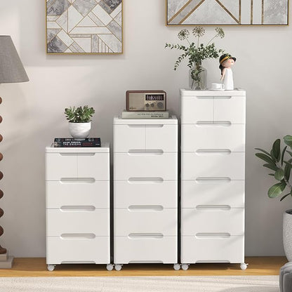 LOKO 6-Drawer Plastic Rolling Storage Cart, Mobile Storage Cabinet with 4 Universal Wheels, Vertical Storage Tower Container Unit for Living Room, Bedroom, Home Office, White (16”x13”x38” (6 Drawers))