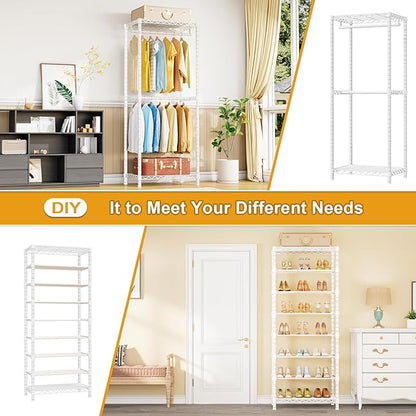 E16 Heavy Duty Clothing Rack（With 7-Tier Adjustable Shoe Rack） Freestanding Clothes Rack for Hanging Clothes，Metal Closet Storage Organizer Large Wardrobe，69'' W x 15.8'' D x 76.2'' H，White
