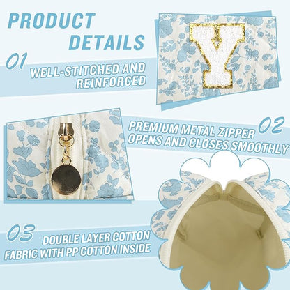 Personalized Quilted Cosmetic Bag, Puffy Monogrammed Christmas Birthday Gifts for Women & Girls, Cute initial Floral Makeup Bag Puffer Coquette Bag, Aesthetic Travel Toiletry Zipper Pouch(Blue,Y)