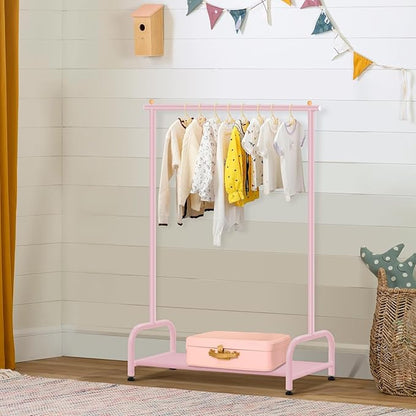 SLEEPING LAMB Kids Clothing Rack, Small Baby Clothes Rack with Bottom Storage Shelf, Kids Dress Up Rack Storage for Coats, Dance Costume Garment Rack for Hanging Clothes, Pink